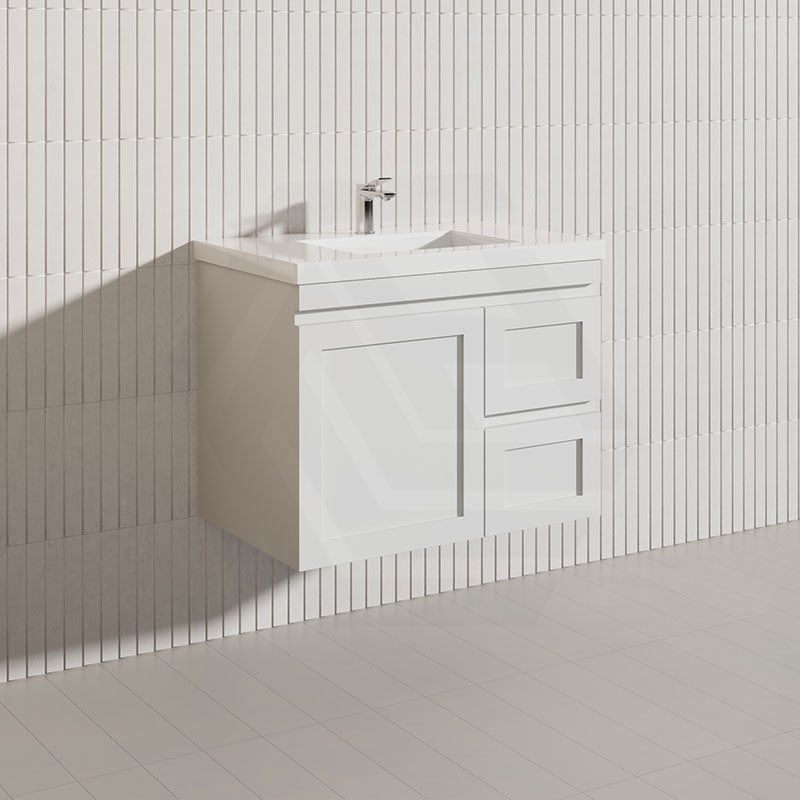 750mm Miami Plywood Wall Hung Vanity with Left/Right Drawers Cabinet ONLY & Ceramic/Poly Top Available Shaker Hampton Style Matt White