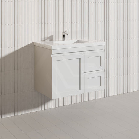750mm Miami Plywood Wall Hung Vanity with Left/Right Drawers Cabinet ONLY & Ceramic/Poly Top Available Shaker Hampton Style Matt White