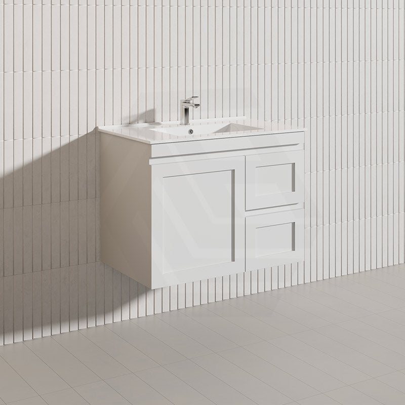 750mm Miami Plywood Wall Hung Vanity with Left/Right Drawers Cabinet ONLY & Ceramic/Poly Top Available Shaker Hampton Style Matt White
