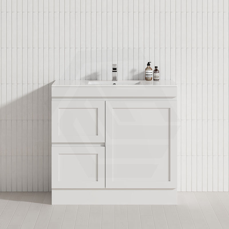 600-1500mm Miami Plywood Freestanding with Kickboard Bathroom Vanity MATT WHITE Shaker Hampton Style Left / Right Drawers Cabinet ONLY & Ceramic/Poly Top Available