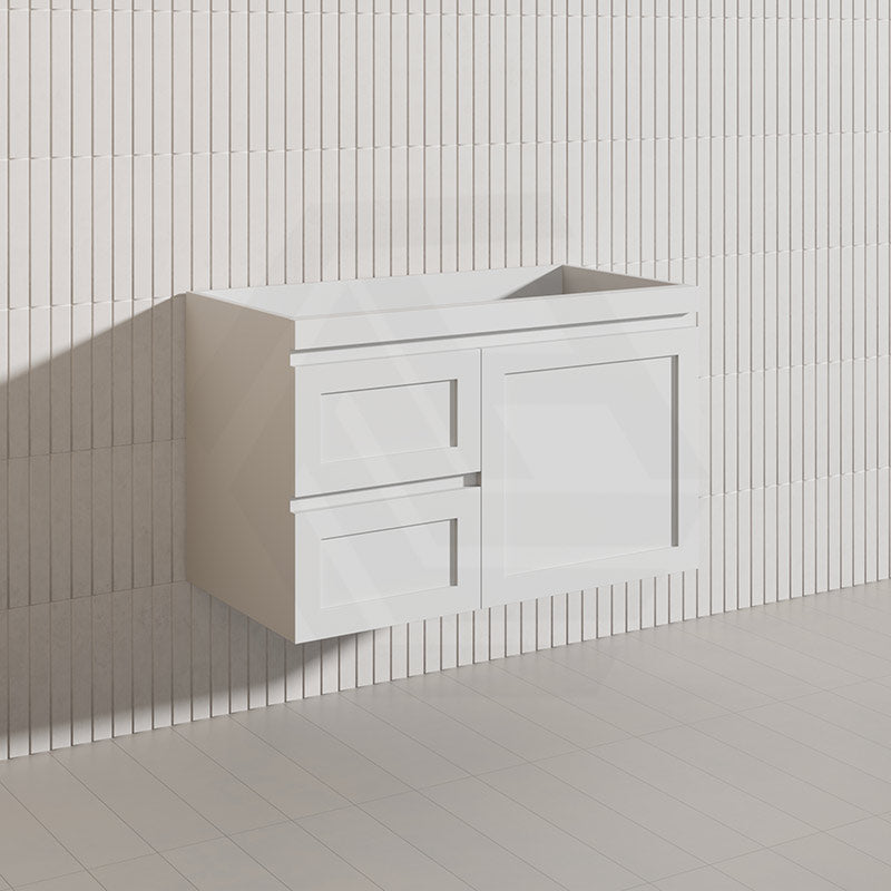 900mm Miami Plywood Wall Hung Vanity with Left/Right Drawers Cabinet ONLY & Ceramic/Poly Top Available Shaker Hampton Style Matt White