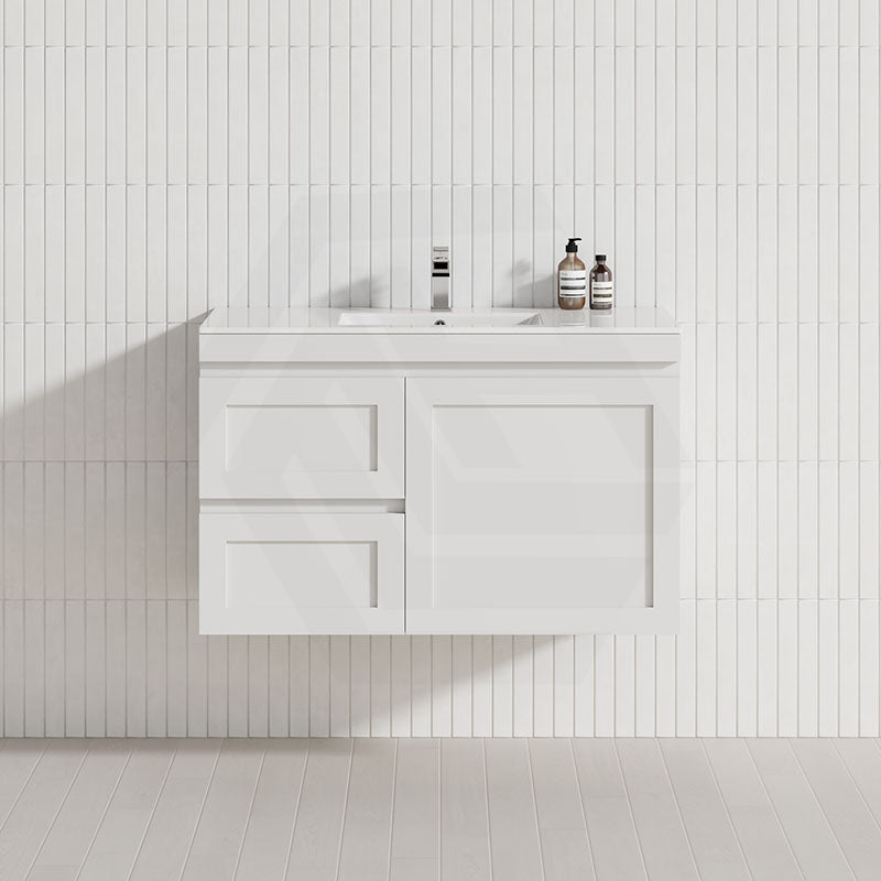600-1200mm Miami Plywood Wall Hung Bathroom Floating Vanity with Left / Right Drawers MATT WHITE Shaker Hampton Style Cabinet ONLY&Ceramic/Poly Top Available