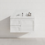 600-1200mm Miami Plywood Wall Hung Bathroom Floating Vanity with Left / Right Drawers MATT WHITE Shaker Hampton Style Cabinet ONLY&Ceramic/Poly Top Available
