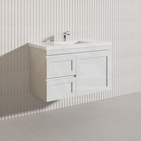 900mm Miami Plywood Wall Hung Vanity with Left/Right Drawers Cabinet ONLY & Ceramic/Poly Top Available Shaker Hampton Style Matt White