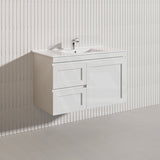 900mm Miami Plywood Wall Hung Vanity with Left/Right Drawers Cabinet ONLY & Ceramic/Poly Top Available Shaker Hampton Style Matt White