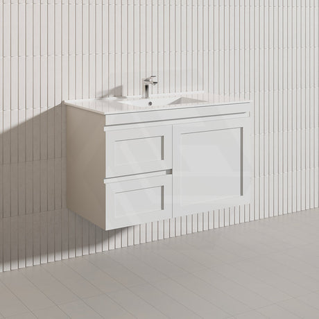 900mm Miami Plywood Wall Hung Vanity with Left/Right Drawers Cabinet ONLY & Ceramic/Poly Top Available Shaker Hampton Style Matt White