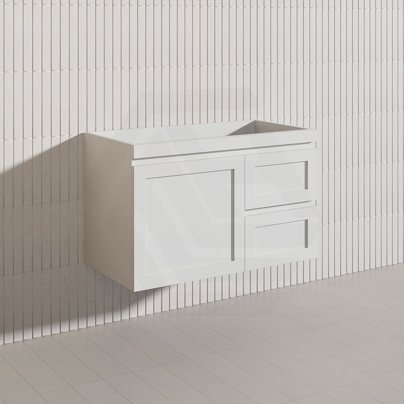 900mm Miami Plywood Wall Hung Vanity with Left/Right Drawers Cabinet ONLY & Ceramic/Poly Top Available Shaker Hampton Style Matt White