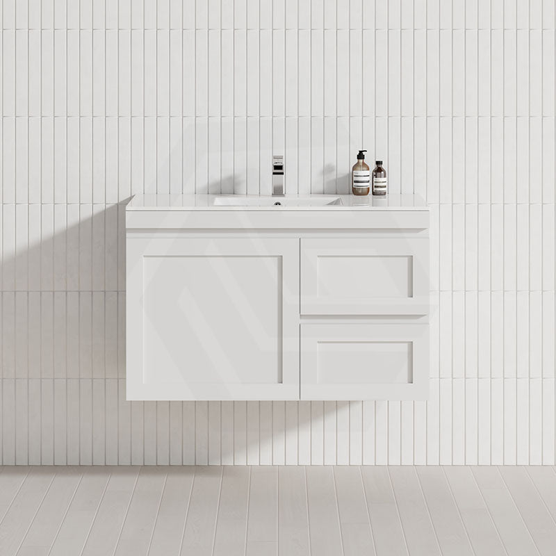 600-1200mm Miami Plywood Wall Hung Bathroom Floating Vanity with Left / Right Drawers MATT WHITE Shaker Hampton Style Cabinet ONLY&Ceramic/Poly Top Available