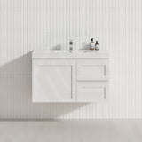 600-1200mm Miami Plywood Wall Hung Bathroom Floating Vanity with Left / Right Drawers MATT WHITE Shaker Hampton Style Cabinet ONLY&Ceramic/Poly Top Available
