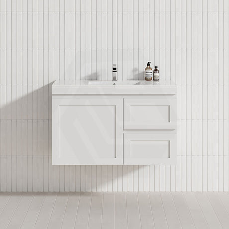 600-1200mm Miami Plywood Wall Hung Bathroom Floating Vanity with Left / Right Drawers MATT WHITE Shaker Hampton Style Cabinet ONLY&Ceramic/Poly Top Available