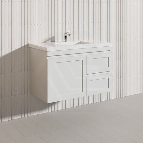 900mm Miami Plywood Wall Hung Vanity with Left/Right Drawers Cabinet ONLY & Ceramic/Poly Top Available Shaker Hampton Style Matt White