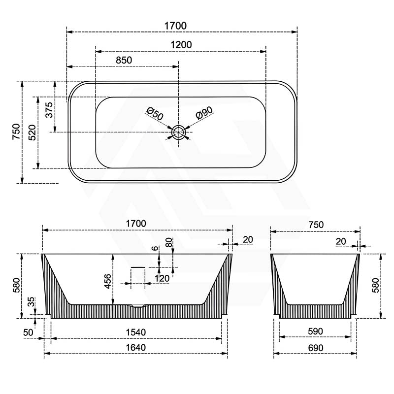 ABS Milano Freestanding Rectangular Bathtub NO Overflow 1500/1700mm - Variant Colour Available