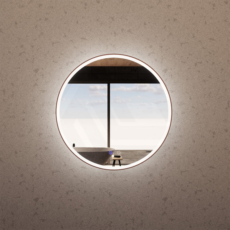 600mm Round Brushed Copper Framed LED Mirror with Easy Hooks and Dimmer