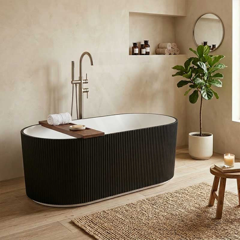 Oslo V-Groove Freestanding Bathtub Fluted NO Overflow 1500x750x580/1700x800x580mm - Matt White & Black