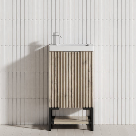 450X250X830Mm Vienna White Oak Fluted Freestanding One Door Mini Vanity With Overflow Poly Top