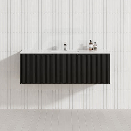 600-1500Mm Wall Hung Vanity Fluted Style Matt Black Color Pvc Coating Bathroom Vanities