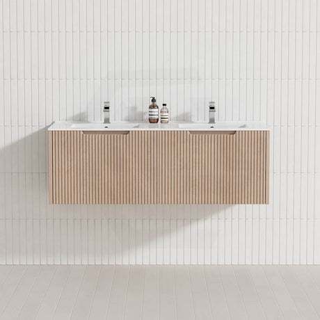 600-1500Mm Wall Hung Vanity Fluted Style American Oak Color Pvc Coating 1200Mm Double Bowls / With