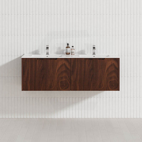 600-1500mm Wall Hung Vanity Fluted Style Brown Oak Color PVC Coating