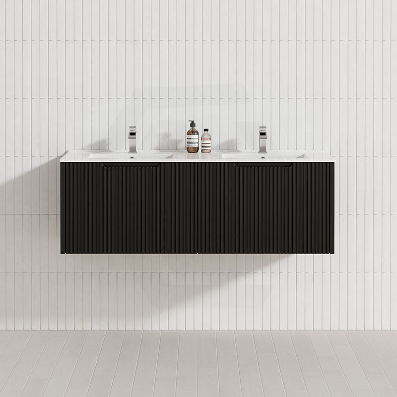 600-1500Mm Wall Hung Vanity Fluted Style Matt Black Color Pvc Coating Bathroom Vanities