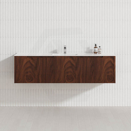 600-1500mm Wall Hung Vanity Fluted Style Brown Oak Color PVC Coating