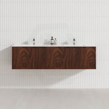 600-1500mm Wall Hung Vanity Fluted Style Brown Oak Color PVC Coating