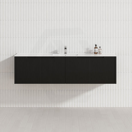 600-1500Mm Wall Hung Vanity Fluted Style Matt Black Color Pvc Coating Bathroom Vanities