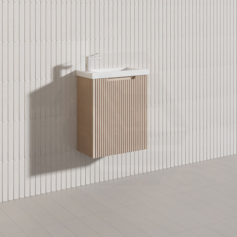 450x250x550mm Wall Hung Vanity Left Hand Hinge with Overflow Poly Top American Oak