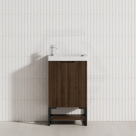 450X250X830Mm Vienna Brown Oak Fluted Freestanding One Door Mini Vanity With Overflow Poly Top