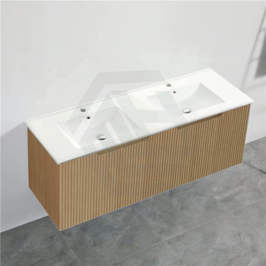 600-1500Mm Wall Hung Vanity Fluted Style American Oak Color Pvc Coating 1500Mm Double Bowls 