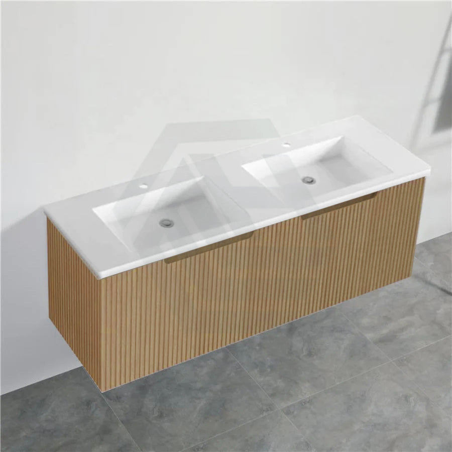 600-1500Mm Wall Hung Vanity Fluted Style American Oak Color Pvc Coating 1500Mm Double Bowls