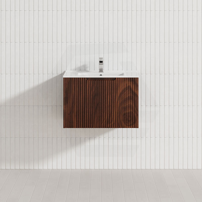 600-1500Mm Wall Hung Vanity Fluted Style Brown Oak Color Pvc Coating Vanities
