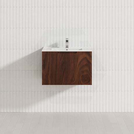 600-1500Mm Wall Hung Vanity Fluted Style Brown Oak Color Pvc Coating Vanities