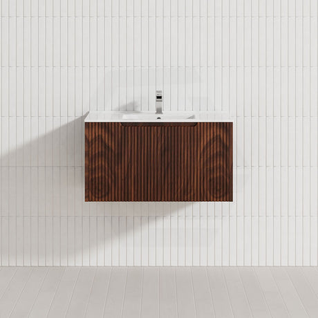600-1500Mm Wall Hung Vanity Fluted Style Brown Oak Color Pvc Coating Vanities