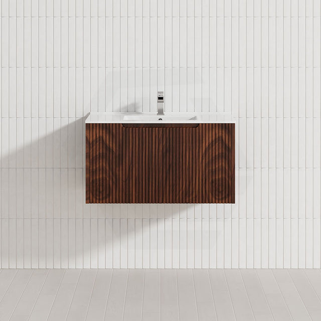 600-1500Mm Wall Hung Vanity Fluted Style Brown Oak Color Pvc Coating Vanities