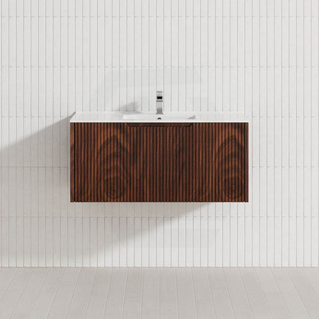 600-1500Mm Wall Hung Vanity Fluted Style Brown Oak Color Pvc Coating Vanities