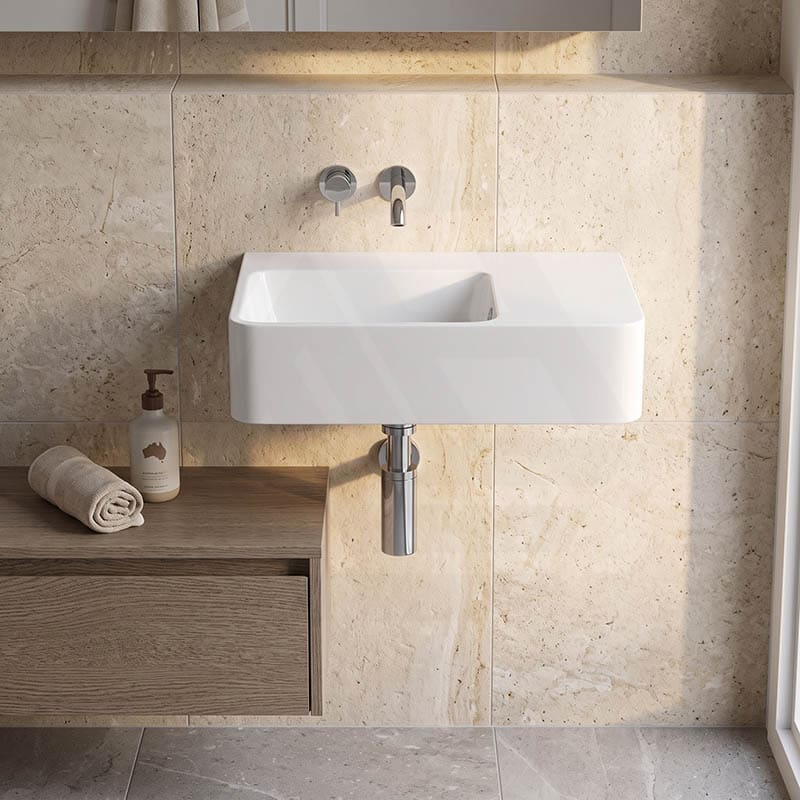 IKON ART Left/Right Rectangle Bowl Wall Hung Ceramic Shelf Basin 600x425x168mm - Gloss White