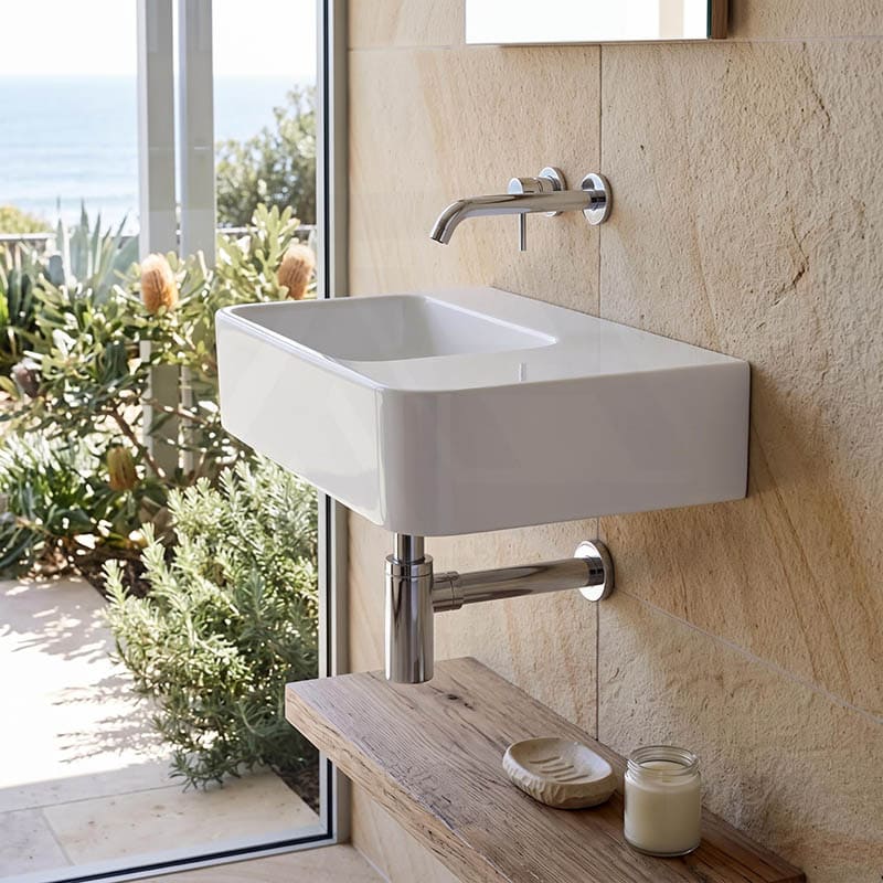 IKON ART Left/Right Rectangle Bowl Wall Hung Ceramic Shelf Basin 600x425x168mm - Gloss White