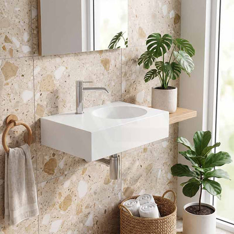 IKON ART Left/Right Round Bowl Wall Hung Ceramic Shelf Basin 600x425x168mm - Gloss White