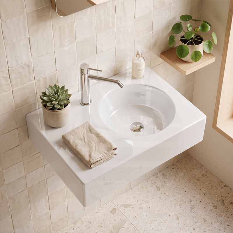 IKON ART Left/Right Round Bowl Wall Hung Ceramic Shelf Basin 600x425x168mm - Gloss White