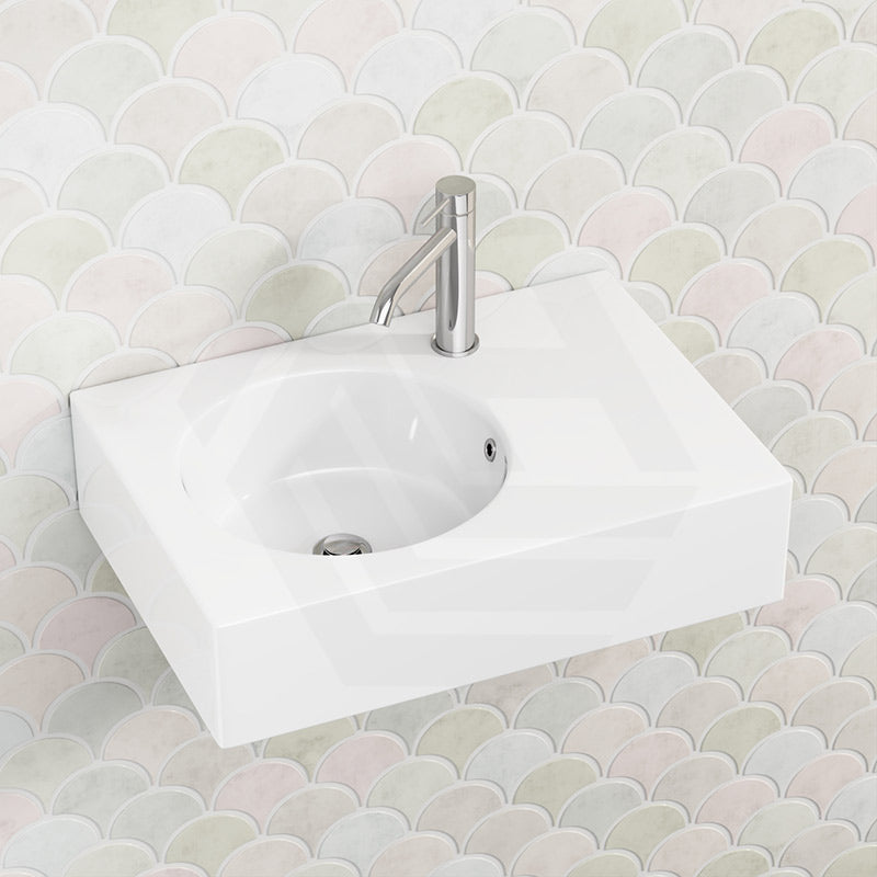 IKON ART Left/Right Round Bowl Wall Hung Ceramic Shelf Basin 600x425x168mm - Gloss White