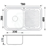 Cora 780X480X170mm Kitchen Sink Left Right Single Bowl Available Drainer Board