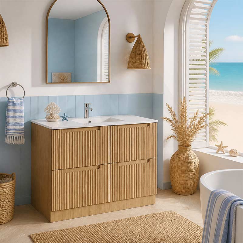 Aulic Lovina Fluted Freestanding Vanity with Kickboard Finger Pull Drawers 1200mm - Harvest Oak