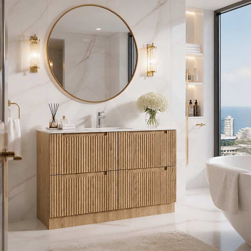 Aulic Lovina Fluted Freestanding Vanity with Kickboard Finger Pull Drawers 1200mm - Harvest Oak