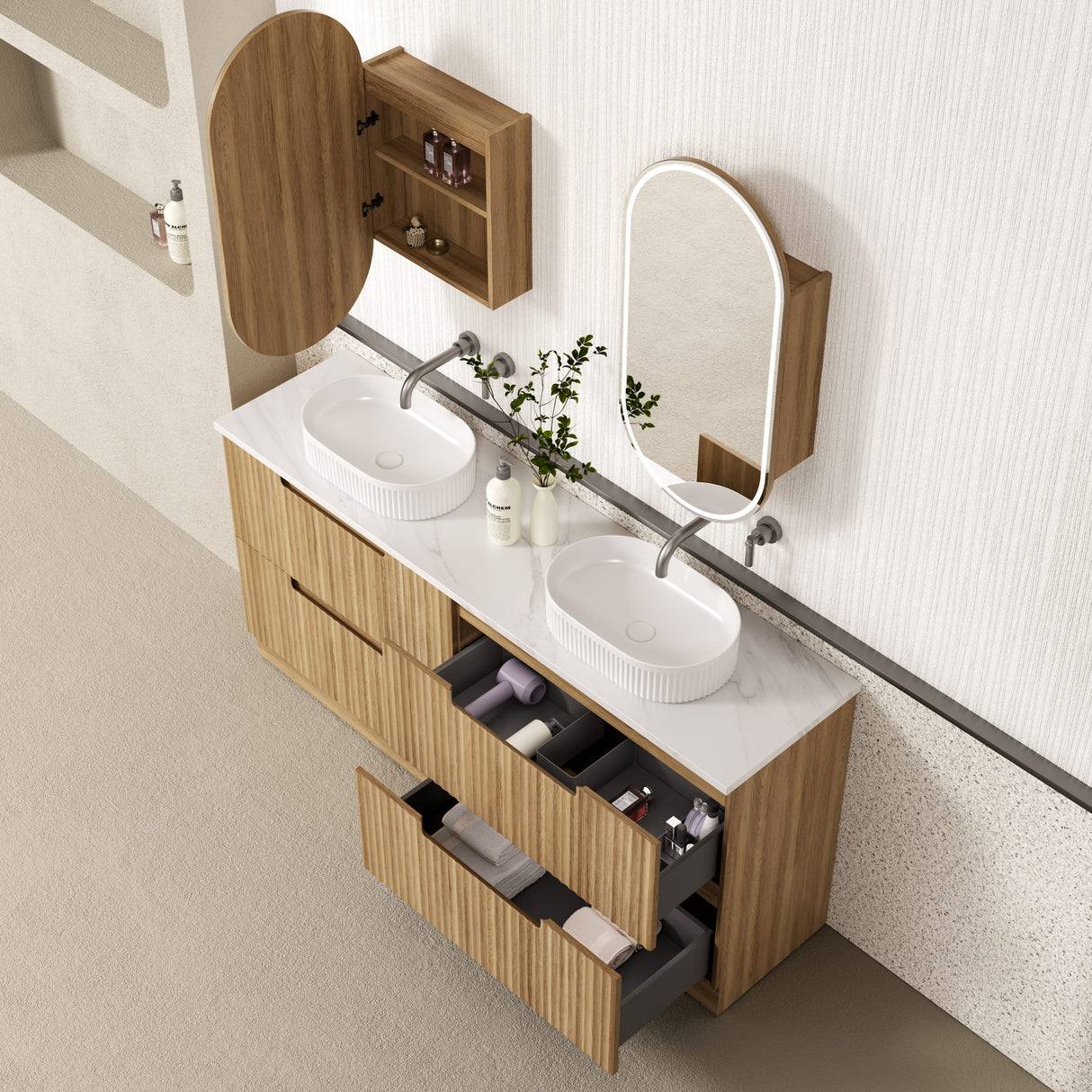 600-1800mm Aulic Lovina Fluted Freestanding Vanity with Kickboard Finger Pull Drawers Harvest Oak