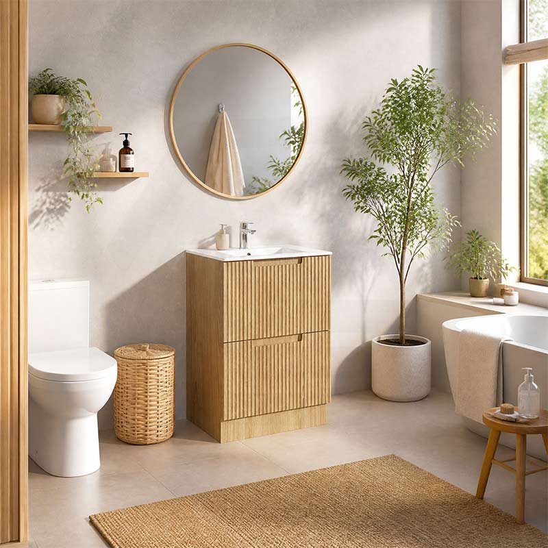 Aulic Lovina Fluted Freestanding Vanity with Kickboard Finger Pull Drawers 600mm - Harvest Oak