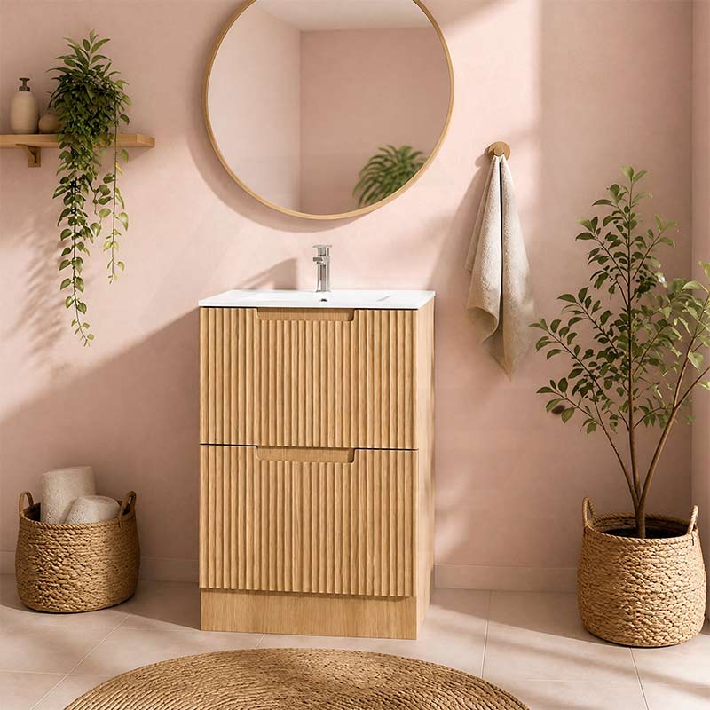 Aulic Lovina Fluted Freestanding Vanity with Kickboard Finger Pull Drawers 600mm - Harvest Oak