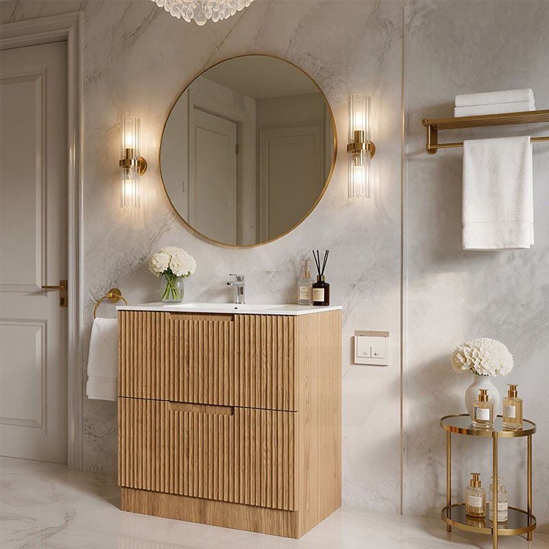 Aulic Lovina Fluted Freestanding Vanity with Kickboard Finger Pull Drawers 750mm - Harvest Oak