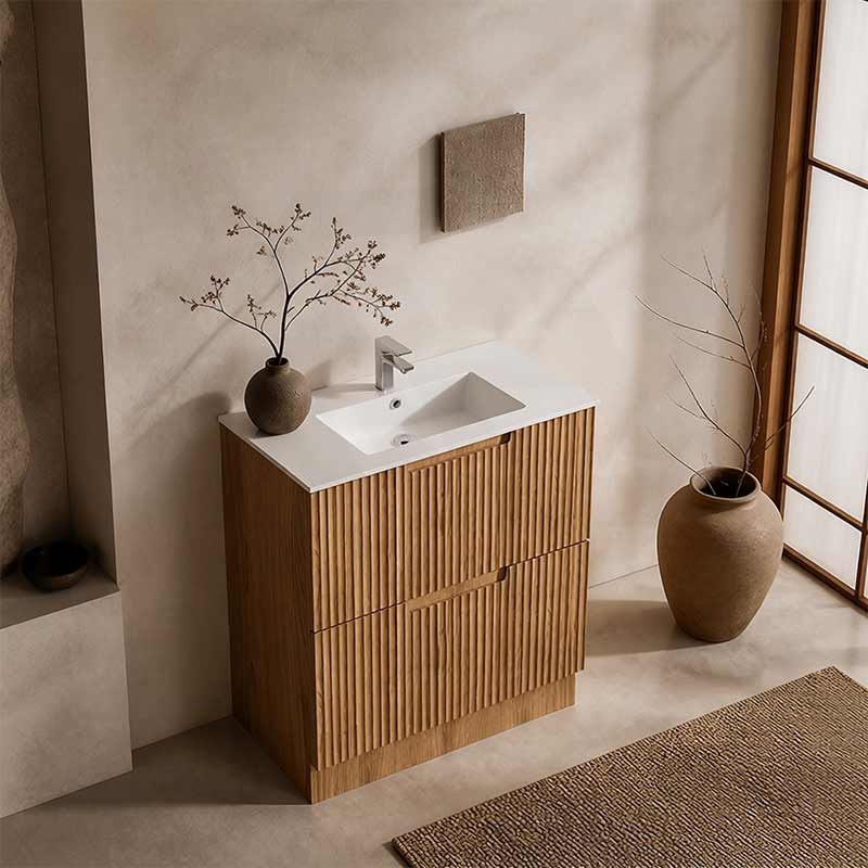 Aulic Lovina Fluted Freestanding Vanity with Kickboard Finger Pull Drawers 750mm - Harvest Oak