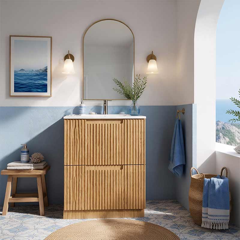 Aulic Lovina Fluted Freestanding Vanity with Kickboard Finger Pull Drawers 750mm - Harvest Oak