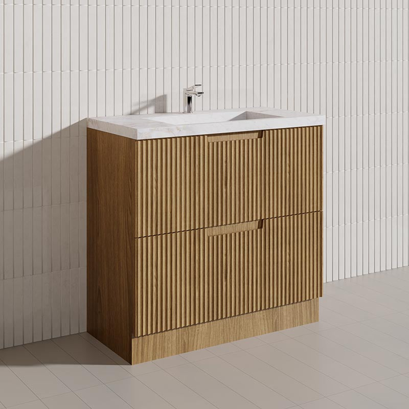 600-1800mm Aulic Lovina Fluted Freestanding Vanity with Kickboard Finger Pull Drawers Harvest Oak